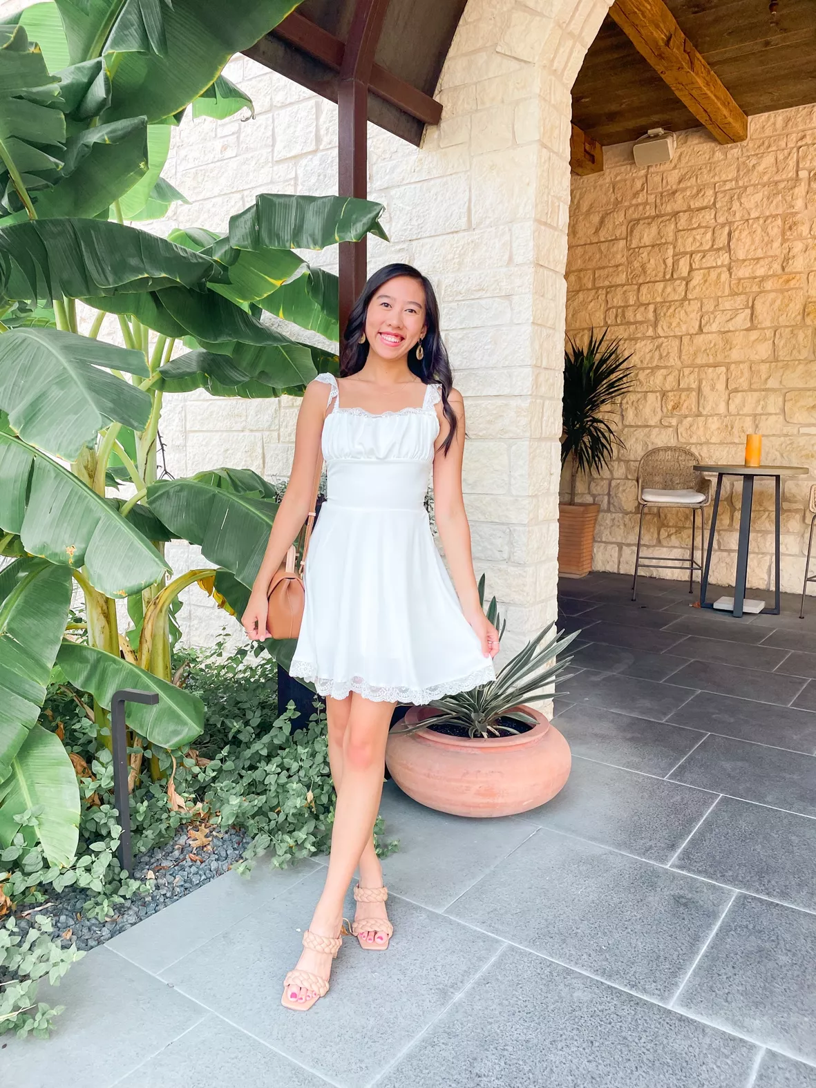amazon white mini dress LUNAMODA Summer for Women 2026 Floral Eyelet Dress Sleeveless V Neck Tie Shouder Flowy A Line Cute Short Sundress White, Small at Women's Clothing store With its straight Petal and Pup Women's Velvette