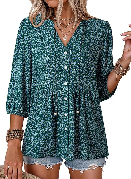 Dokotoo Womens Summer Tops Boho Floral Short Sleeve Button Down V Neck Peplum Babydoll Casual Loo... | Amazon (US)