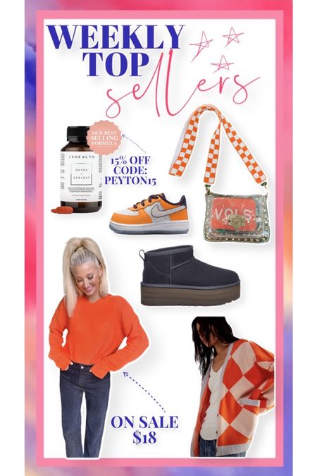 TOP SELLERS ~ products y’all have been loving - orange sweater (on sale🙌🏼), kids Nikes, Ugg platform boots, UT clear purse, my debloat pills, and FP cardigan!!

#LTKstyletip #LTKkids #LTKSeasonal