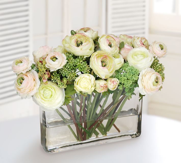 Faux Ranunculus & Rose Mix in Glass Rectangle Vase | Pottery Barn (US)