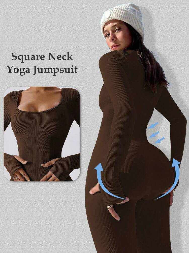 Yefecy Mono de manga larga acanalado para mujer - Mono ajustado de unicolor, adecuado para yoga y... | SHEIN