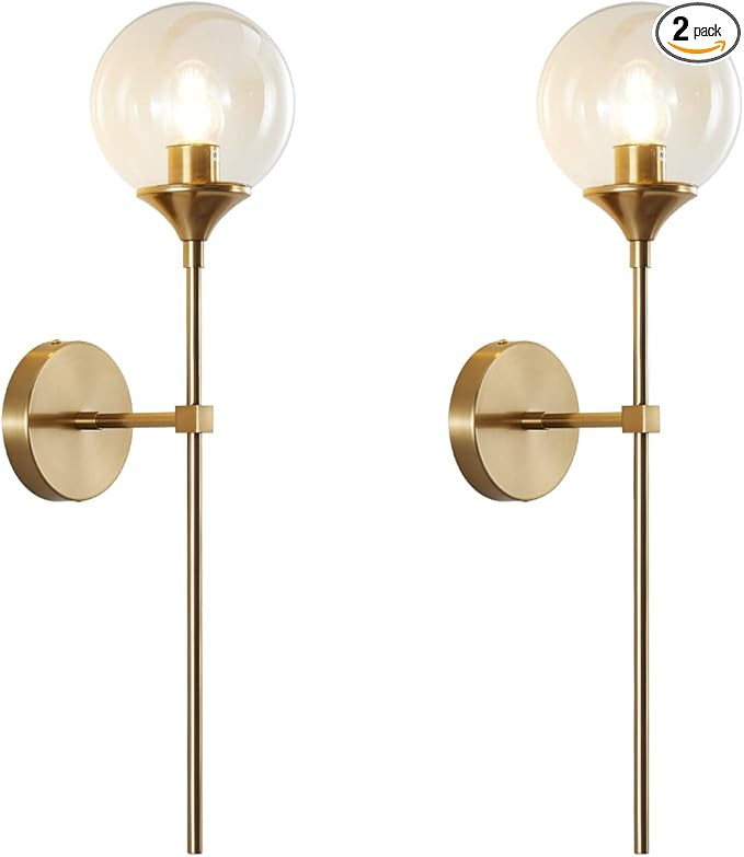BOKT Brass Gold Wall Sconce Lighting Set of 2 Mid Century Modern Long Globe Wall Sconce Light Set... | Amazon (US)