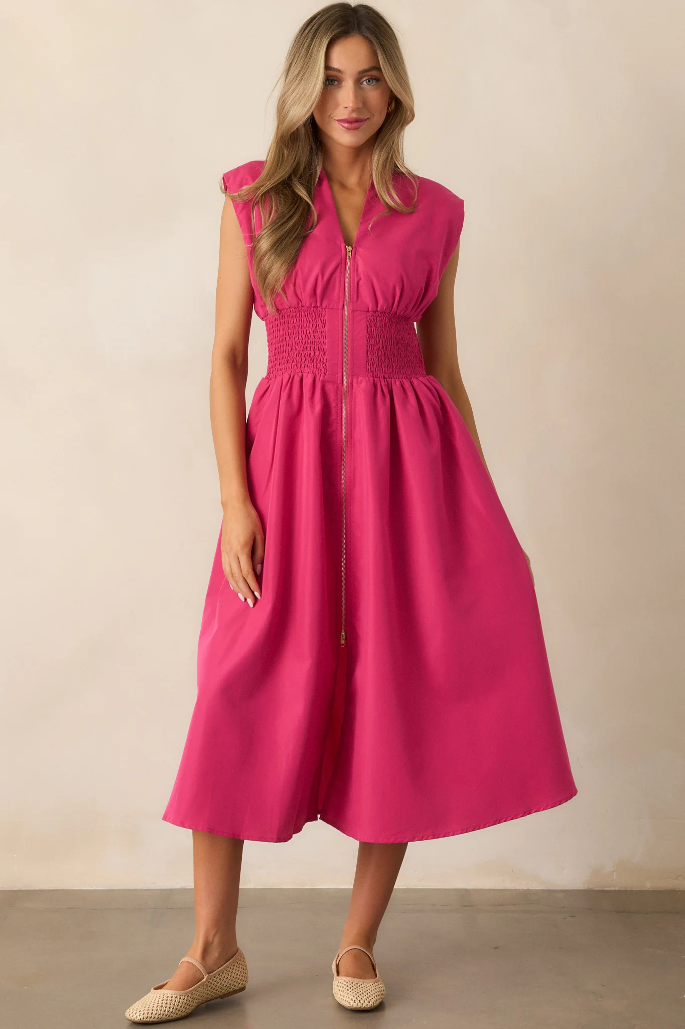 The Evette Magenta Pink Zip Front Midi Dress | Red Dress