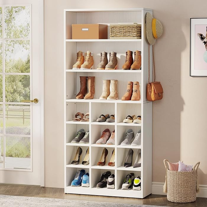 Tribesigns 8-Tier Shoe Cabinet, 24 Pair Freestanding Shoe Rack Storage Organizer with Side Hooks,... | Amazon (US)