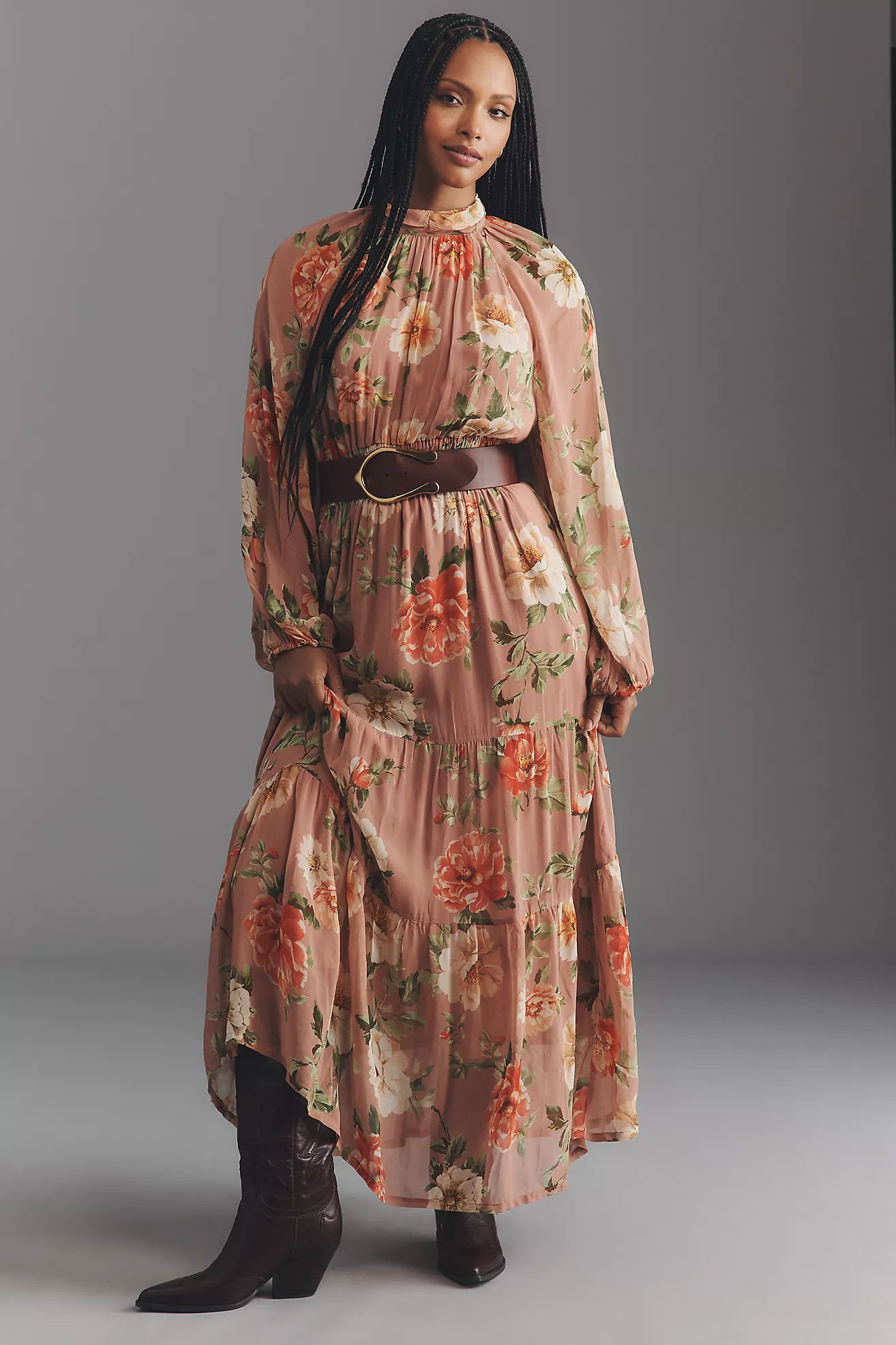 The Somerset Long-Sleeve Mock-Neck Chiffon Maxi Dress | Anthropologie (US)