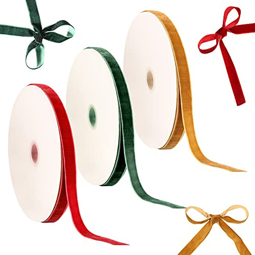 Patelai 3 Rolls 75 Yards Christmas Velvet Ribbon Vintage Velvet Ribbon Spool Green Red and Khaki Velvet Ribbon Roll for Christmas Wedding Wrapping DIY Crafts Decoration Favors | Amazon (US)