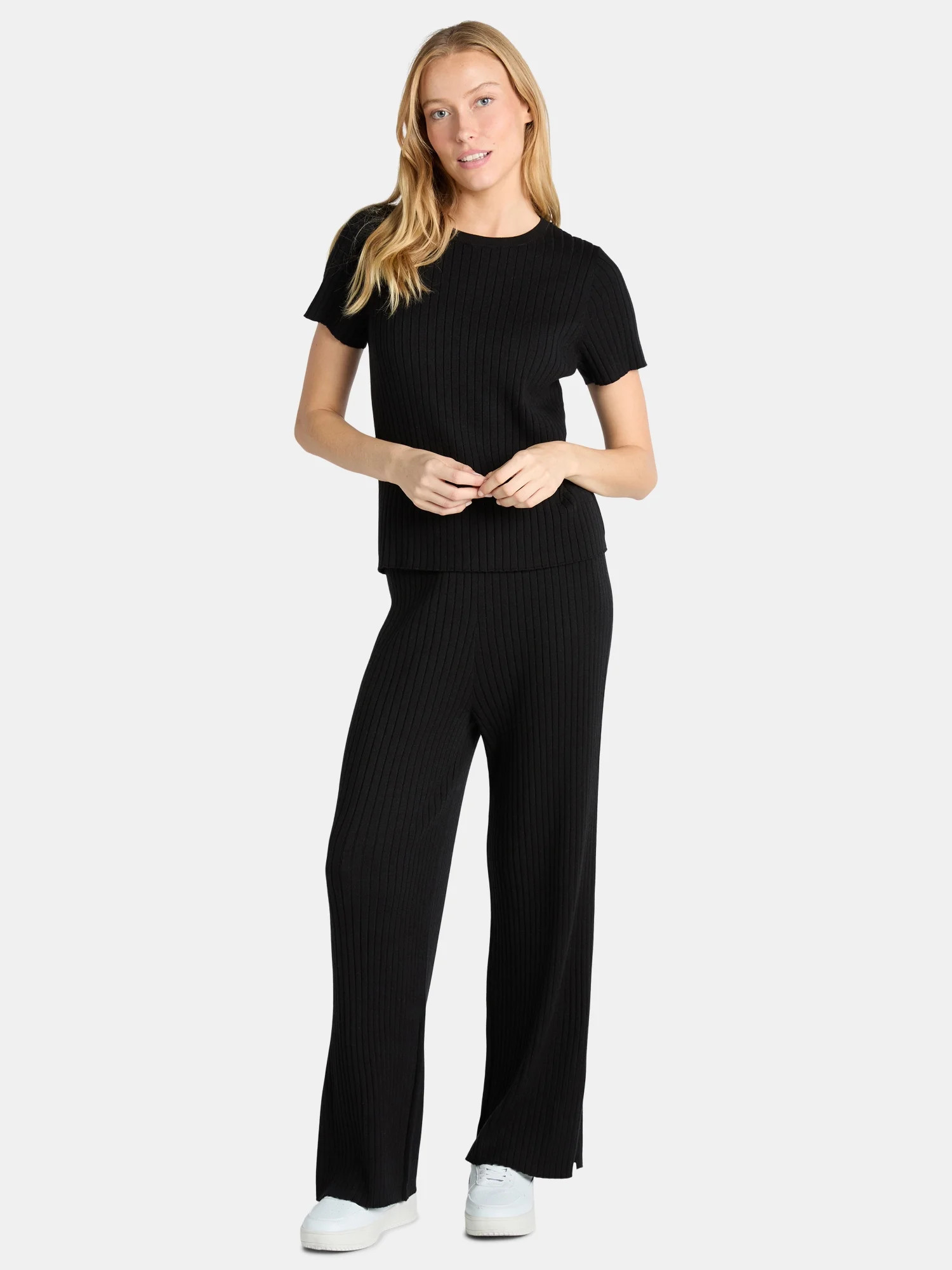 Time and Tru Women's Ribbed Sweater Top and Wide Leg Pants Set, 2-Piece, Sizes XS-XXXL | Walmart (US)