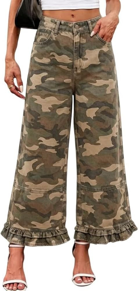 Women Denim Camo Pants Y2k Ruffle Hem Cropped Wide Leg Jeans with Pockets | Amazon (US)