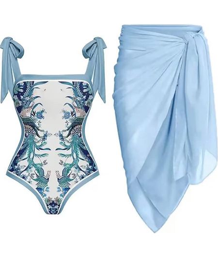 One piece swimsuit & sarong, tie shoulder swimsuit, blue swimsuit, swim coverup 

#LTKswim #LTKunder50 #LTKunder100