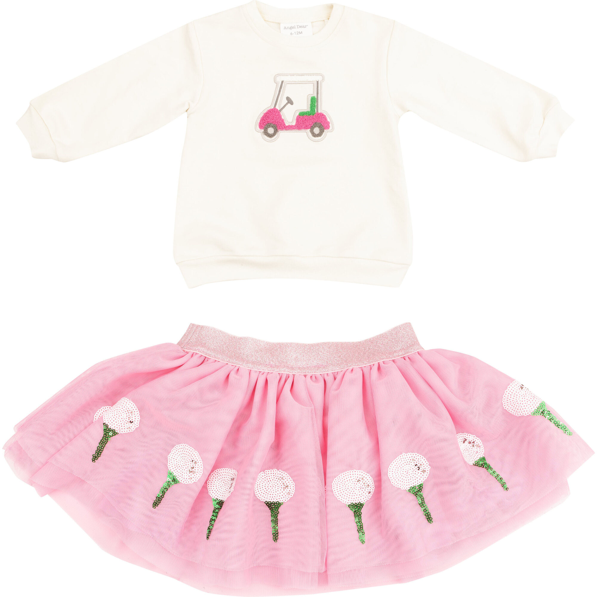 Golf Cart Pink Oversize Sweatshirt W/ Applique & Tutu Skirt, White | Maisonette