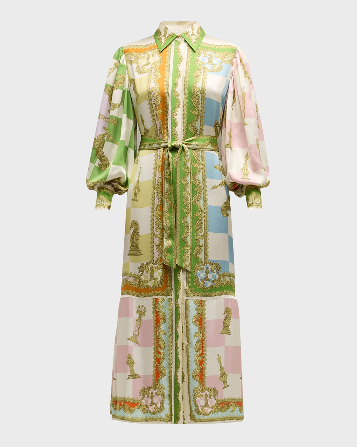 Checkmate Silk Balloon-Sleeve Midi Shirtdress | Neiman Marcus