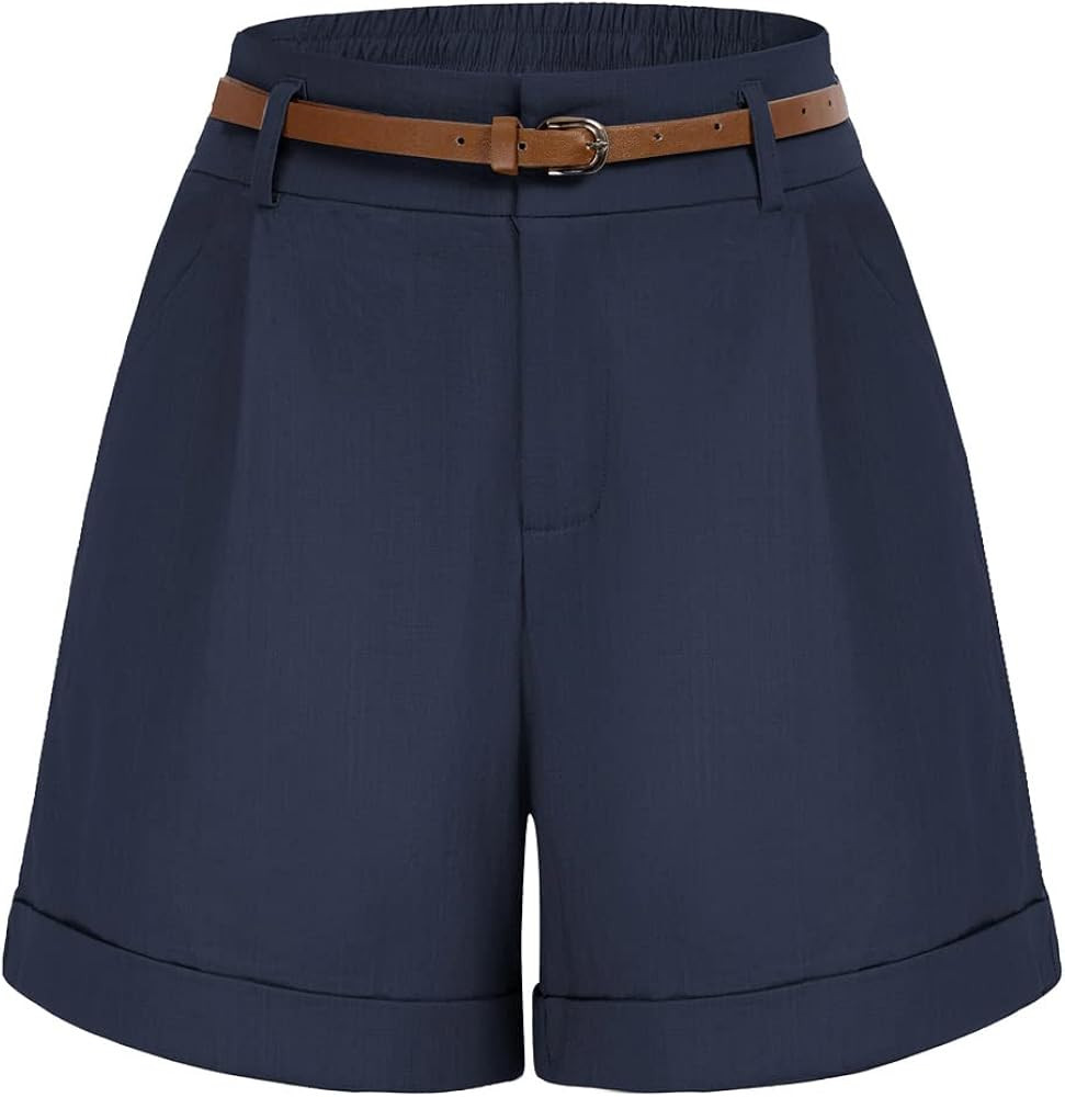 Belle Poque Women Bermuda Shorts Elastic Waist Wide Leg Shorts with Pockets & Belts | Amazon (US)