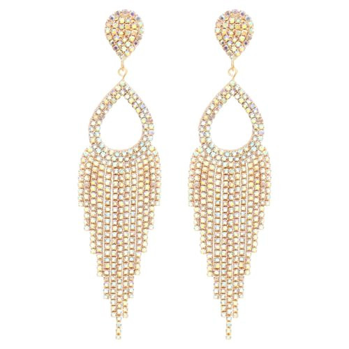 BaubleStar Rhinestone Teardrop with Long Tassel Earrings Cubic Zirconia Crystal Fringe Statement Chandelier Tear Drop Dangle Wedding Jewelry for Women 14K Gold Plated | Amazon (US)