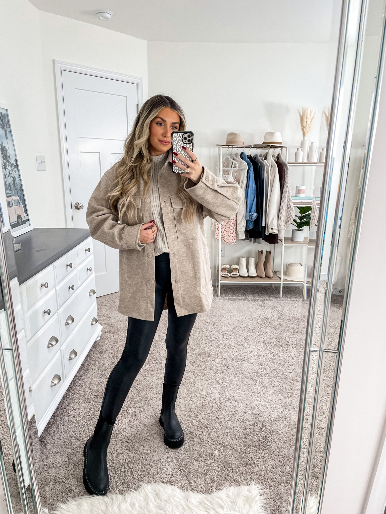 H&M shacket: xs
H&M sweater: small
Spanx faux leather leggings: xs 
H&M boots: size 6 

#LTKfindsunder50 #LTKSeasonal #LTKfindsunder100