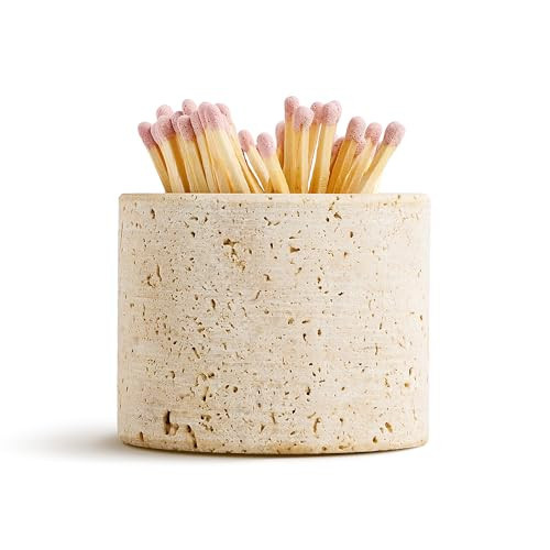 WORHE Travertine Stone Match Holder with Striker & Extra Striker Pad - 2.6" x 2" Decorative Matchstick Organizer for Fireplace, Candles, Parlor Cute Match Jar for Home Decor Gift, Matches Not Included | Amazon (US)