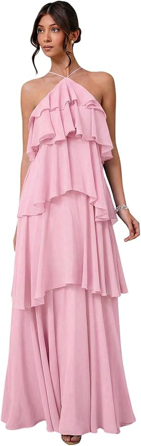 Amazon.com: SOLY HUX Women's Sundresses Ruffle Layered Halter Flowy Maxi Dress Elegant Wedding Gu... | Amazon (US)