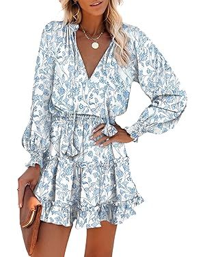 Dokotoo Womens Summer Dresses 2024 Boho Floral Drawstring V Neck Smocked Long Sleeve Ruffle Tiere... | Amazon (US)