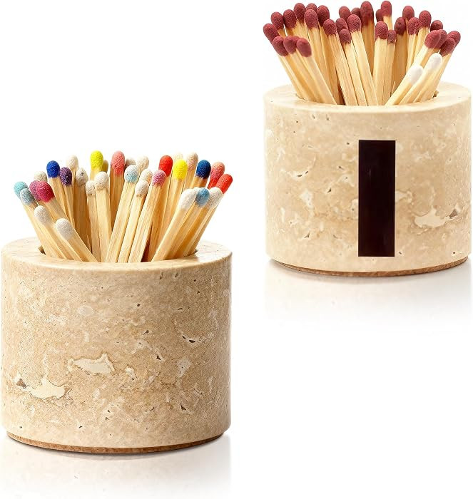 (2 Pcs) Travertine Match Holder with Striker, 2.6" x 2" Matches in a jar for Fireplace, Candles C... | Amazon (US)