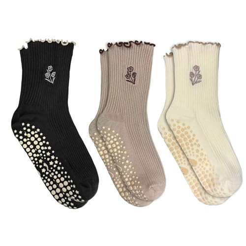 ERMO NKES 3 Pairs Cute Pilates Grip Socks for Women, Ruffle Yoga Non Slip Barre Socks for Workout & Dance (US, Alpha, One Size, Regular, Regular, 3, black,milk tea color,milk white) | Amazon (US)