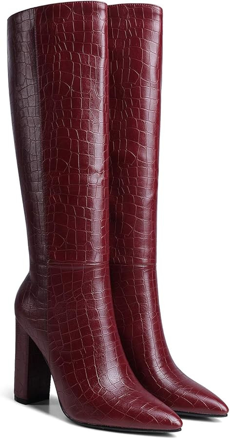 LEHOOR Women Knee High Chunky Heel Boots Pointed Closed Toe Side Zipper High Heeled Dress Shoes S... | Amazon (CA)