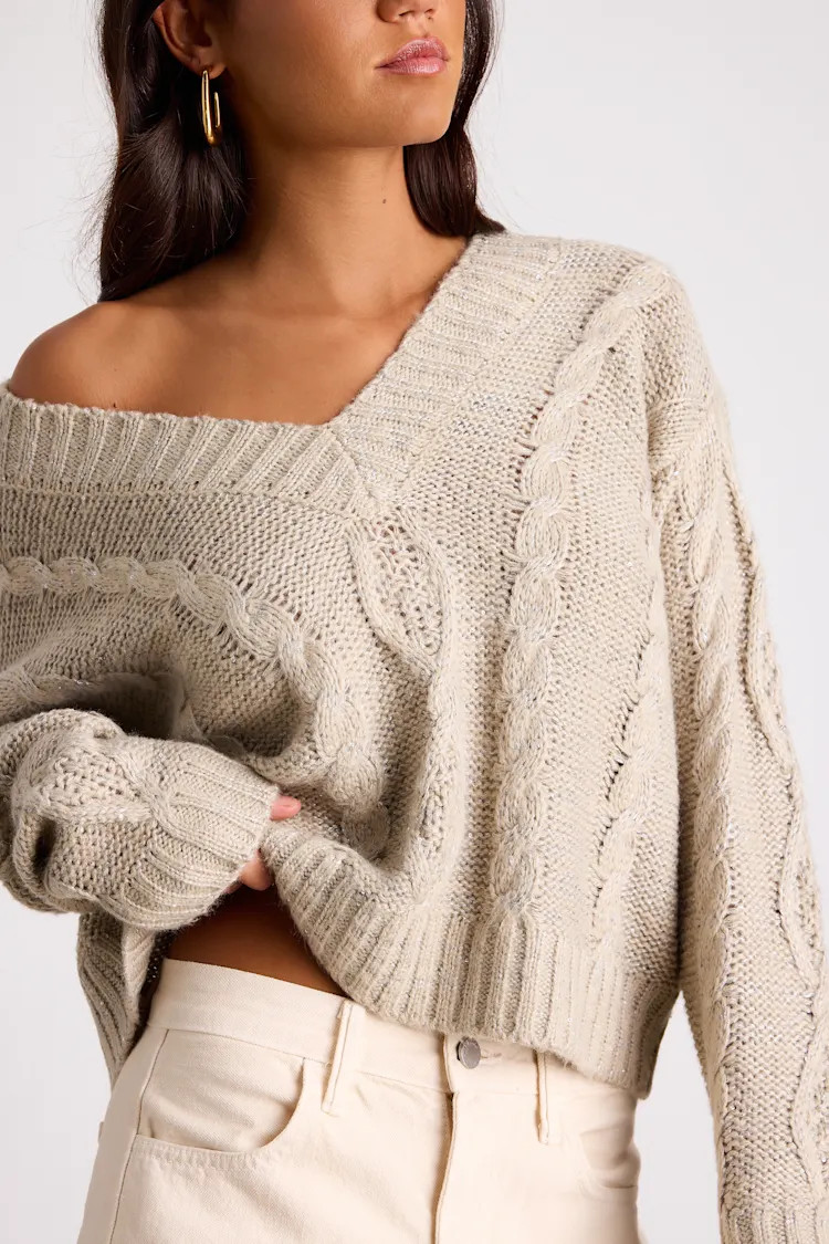 Ewan Light Grey Sequin Cable Knit V-Neck Sweater | Lulus