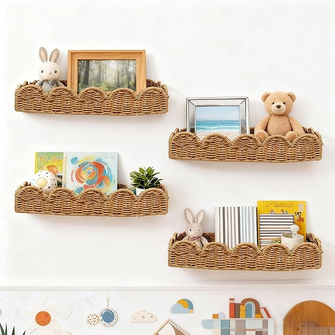 Nursery Book Shelves Set of 4 - Artisanal Natural Rattan Scalloped Book Shelf for Kids Rooms 15.8... | Amazon (US)