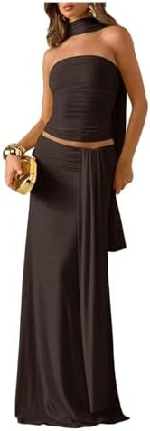 Verdusa Women's 2 Piece Skirt Set Strapless Tube Tops and Maxi Skirt with Scarf Fall Outfits Wedd... | Amazon (US)