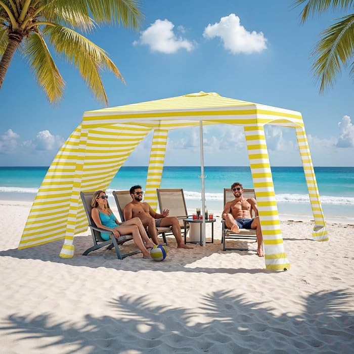 Beach Cabana-6.6x6.6\u2019Beach Canopy with Side Wall,Portable Umbrella Tent with Sand Pockets fo... | Amazon (US)