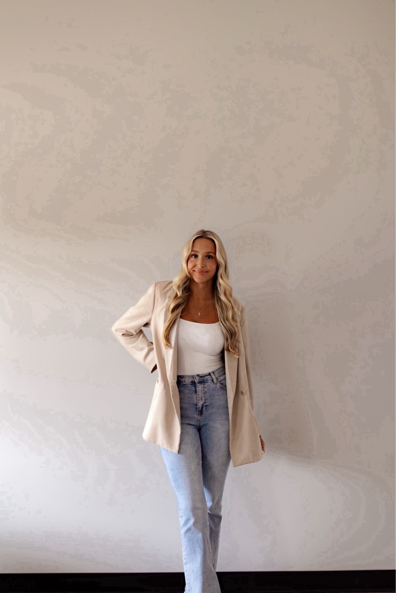 Business casual outfit idea for headshots 💖✨
- wearing an xs body suit 
- wearing size 27 jeans 
- wearing medium blazer 

#LTKstyletip #LTKbeauty