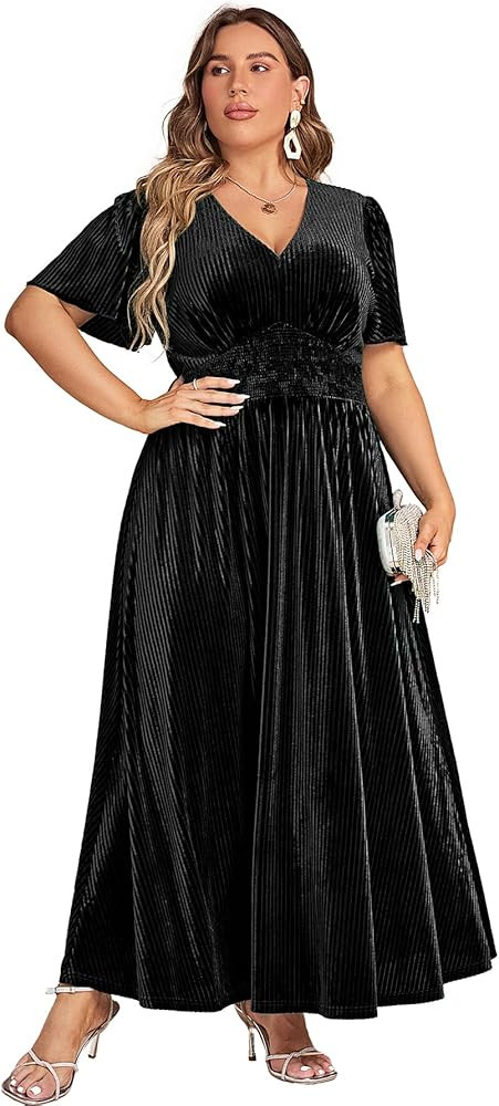 Simplee Women’s V Neck Velvet Maxi Dress Short Sleeve Empire Waist Long Formal Dress for Weddin... | Amazon (US)