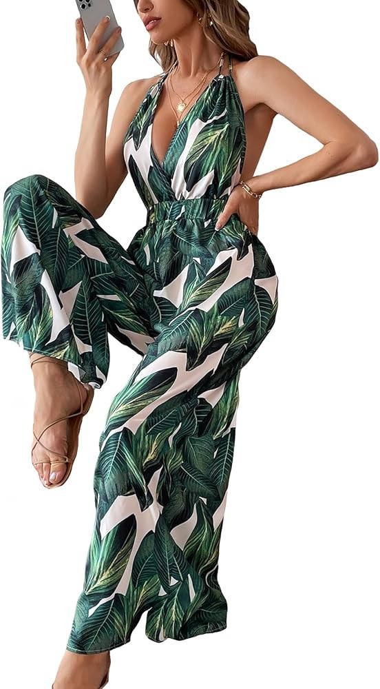 Verdusa Women's Sleeveless Tropical Print Halter Neck Tie Backless High Waist Wide Leg Jumpsuit | Amazon (US)