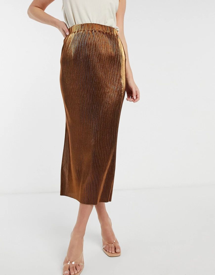 French Connection Taina metallic jersey pleated skirt-Gold | ASOS (Global)