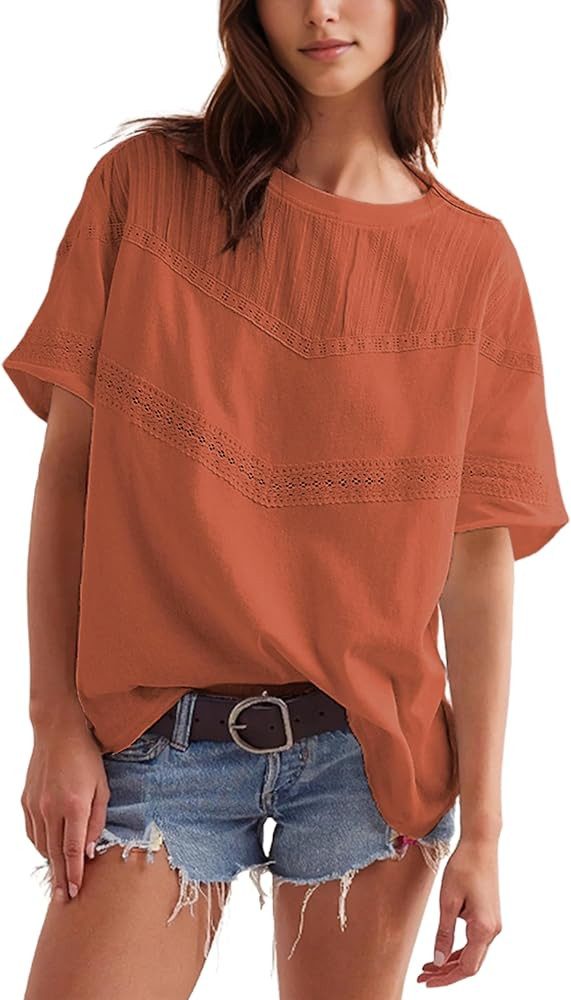 Yidarer Women Summer Oversized Lace Cotton Tops Crew Neck Short Sleeve Cute Shirts Casual Boho Cr... | Amazon (US)