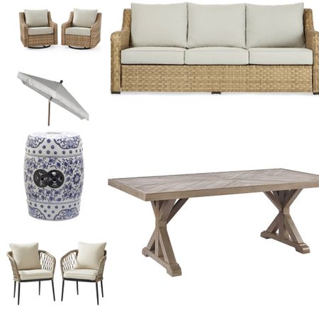 Outdoor patio furniture 
Decor
Home
Patio refresh
Wicker
Rattan
Couch 
Side chairs
Affordable 
Walmart 
Dining table
Chairs
Chinoiserie garden stool
Fringe neutral umbrella
Accessories 
Walmart finds 
Beige
Tan
Spring

#LTKhome #LTKSeasonal #LTKstyletip