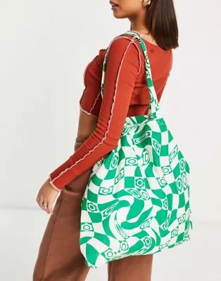 ASOS DESIGN organic cotton shopper bag  in 90s floral checkerboard print in green | ASOS (Global)