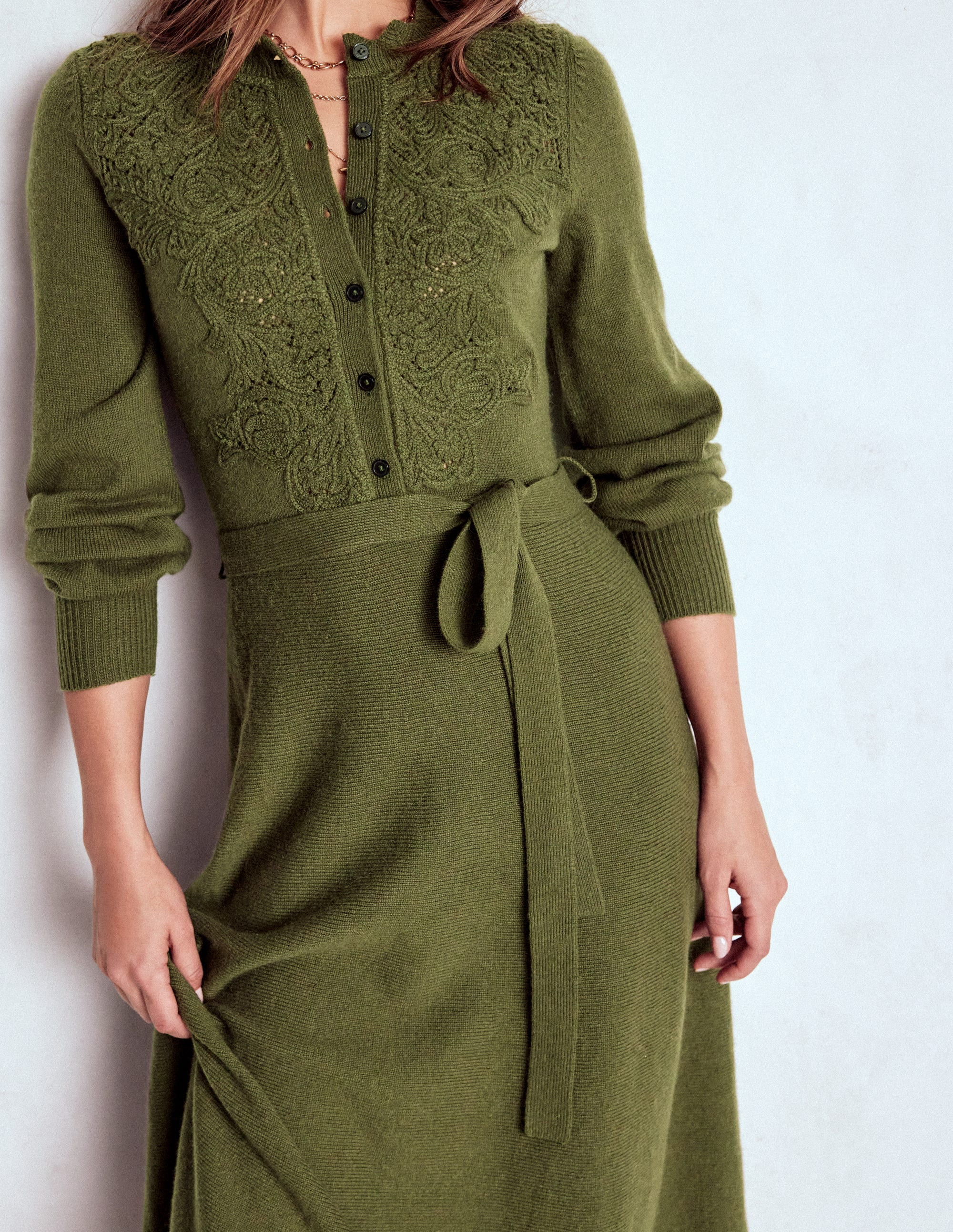 Lace Insert Knitted Midi Dress-Forest Glade | Boden UK