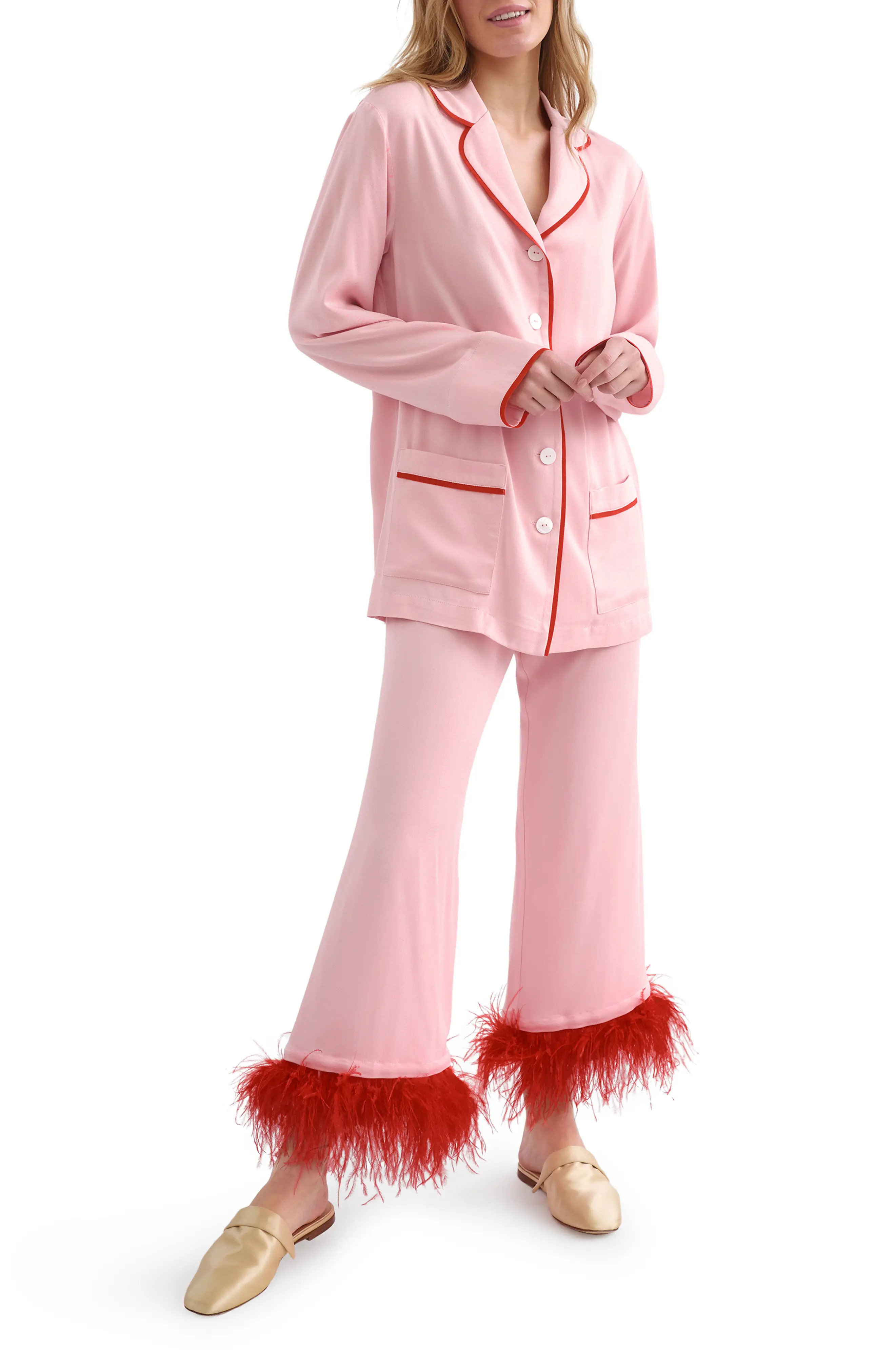 Sleeper Party Feather Trim Pajamas, Size Small in Pink at Nordstrom | Nordstrom