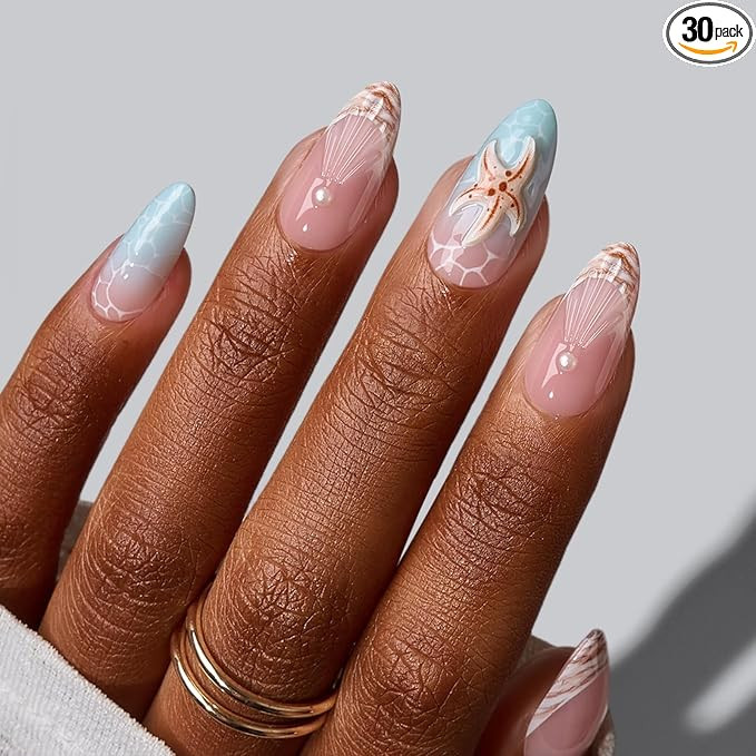 BTArtbox Press On Nails Medium - Tide Play, Easy-to-Apply 3D Starfish Almond Press On Nails with ... | Amazon (US)