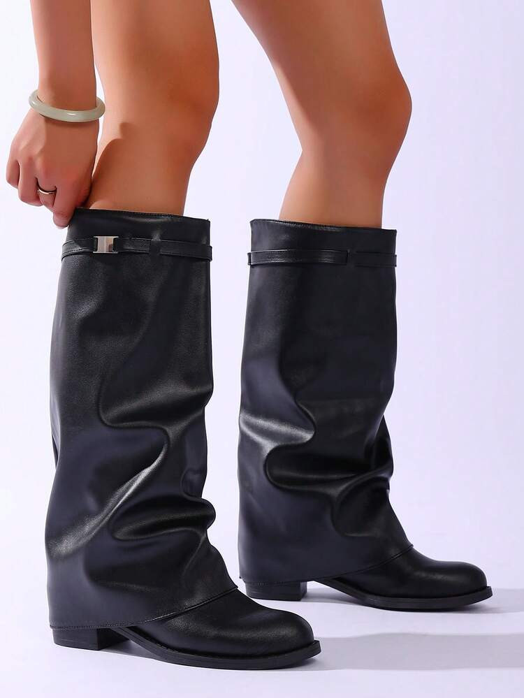 1 Pair Foldover Pleated Boots, Fashion Buckle Flat Comfortable Solid Color Western Style Casual F... | SHEIN