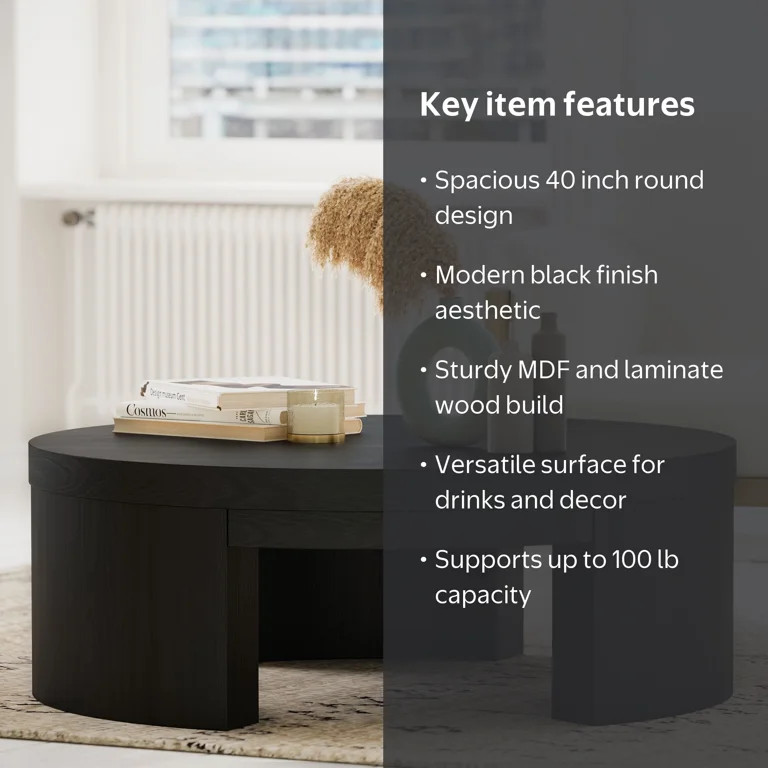 Beautiful Mod Round Coffee Table by Drew Barrymore, Rich Black Finish | Walmart (US)