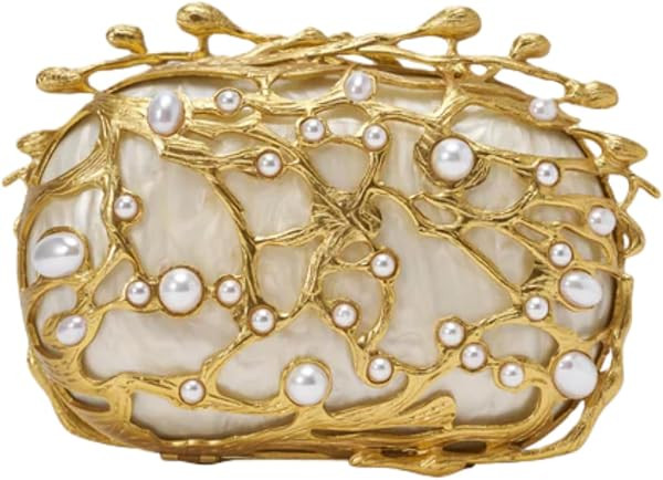 UMREN Women Acrylic Oval Evening Bag Sculpted Hollow Metal Pearl Clutch | Amazon (US)