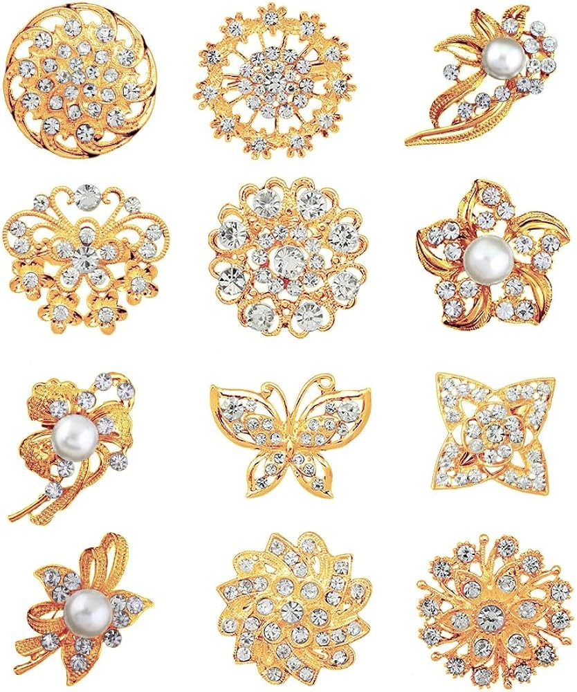12pcs Lot Crystal Rhinestone Wedding Brooches Pins Bouquet Flowers (gold) | Amazon (US)