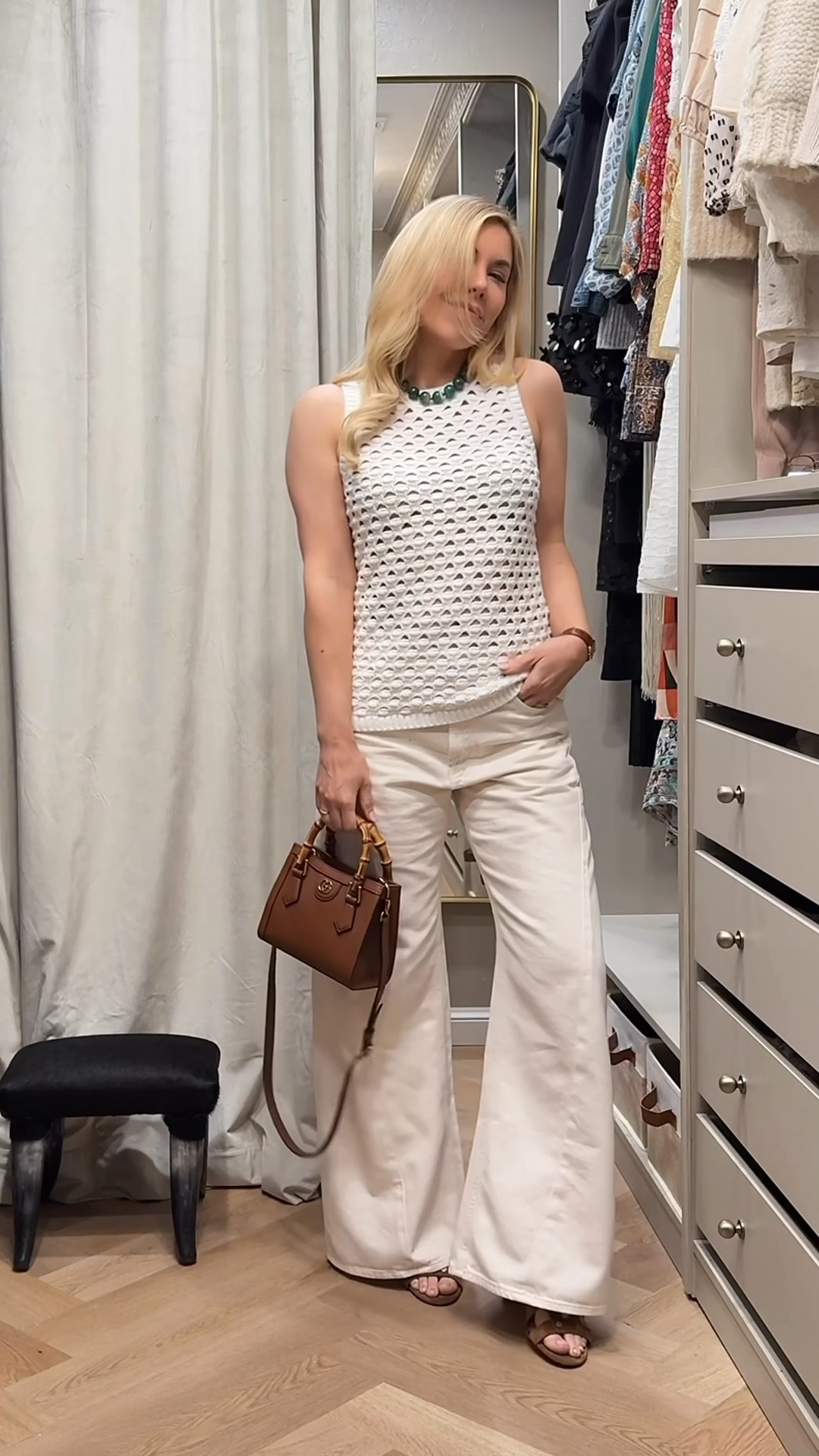 Love the shape of these twist jeans. 
I sized down (there’s no stretch) I’m in 26 instead of my usual 25
Green necklace selling out!!


#LTKgrwm #LTKdayinmylife #LTKootd