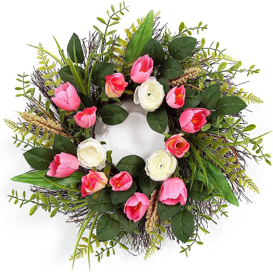 Adeeing 22 Inch Spring Wreath for Front Door, Tulip Wreath Artificial Floral Door Wreath with Peo... | Amazon (US)