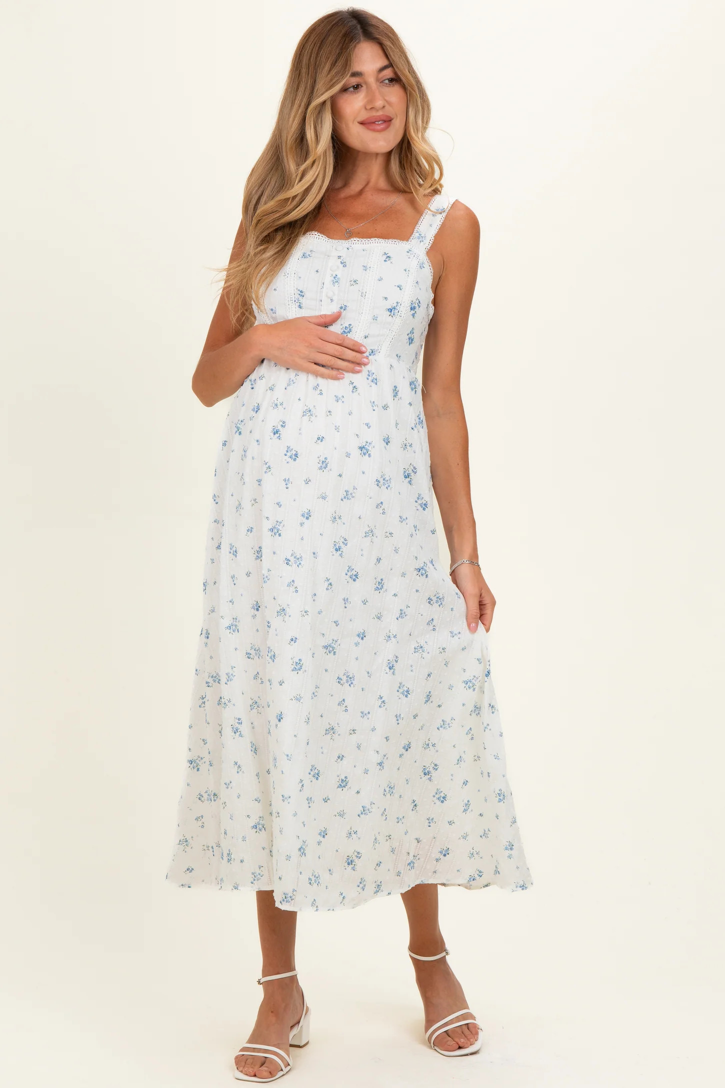 Blue Floral Lace Accent Sleeveless Maternity Maxi Dress | PinkBlush Maternity