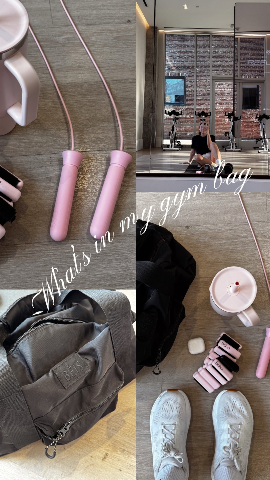Gym bag essentials:
-weighted jump rope from Bala
-ankle weights for core workouts
-pink water bottle
-noise cancelling headphones

#LTKActive