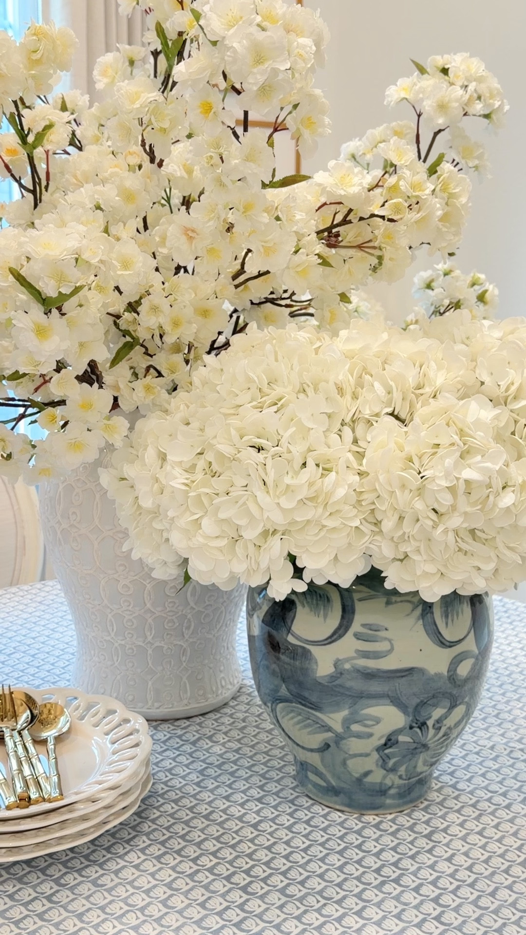 Amazon faux hydrangeas you will love! 😍 spring decor spring florals cherry blossom stems blue and white 