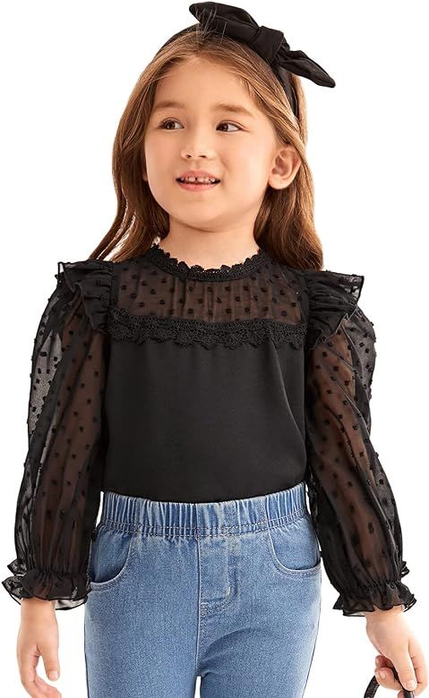 WDIRARA Toddler Girl's Swiss Dots Round Neck Sheer Long Sleeve Lace Trim Blouse Top | Amazon (US)