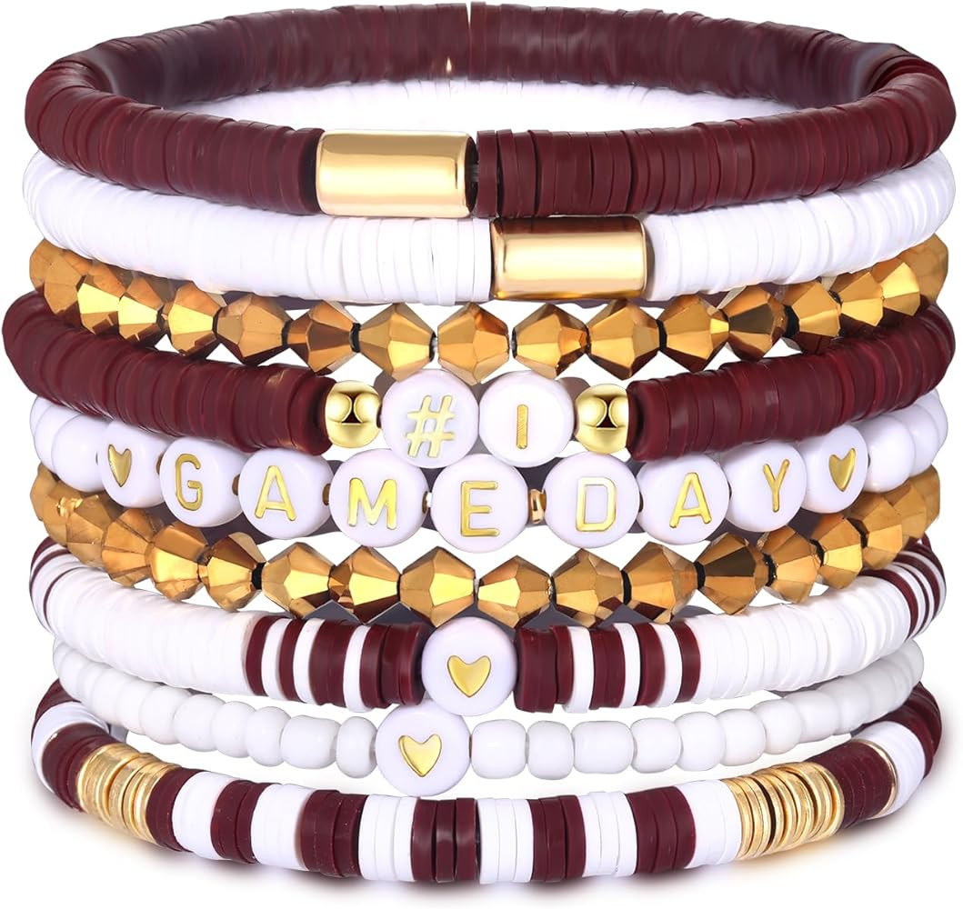 9 Pack Game Day Bracelets for Women Stackable Heishi Beaded Stretch Bracelet Football Sport Fan B... | Amazon (US)