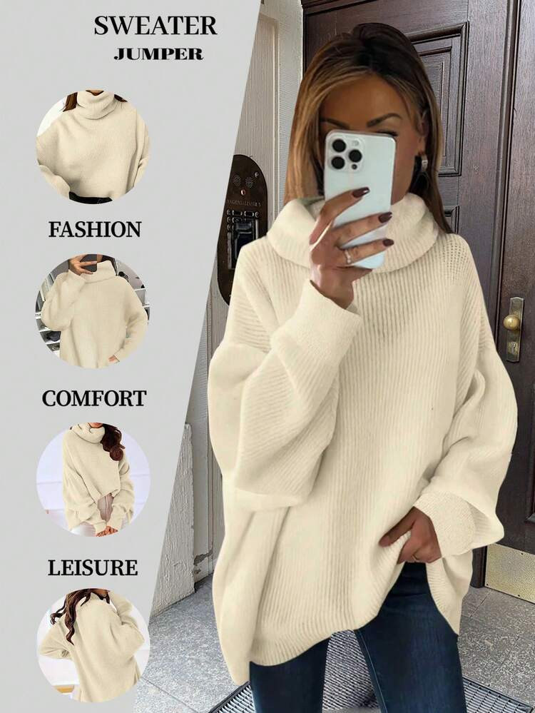 2025 New Women's Fall/Winter Casual Fashion With A Simple Solid Color Knit Pile Turtleneck Sweater | SHEIN